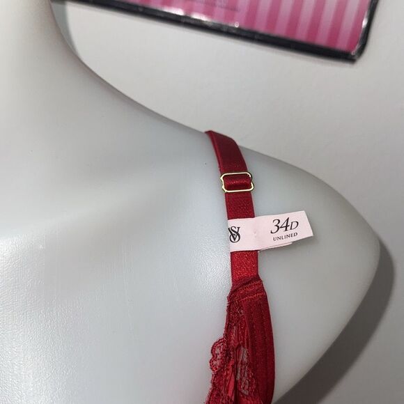 🔥Victoria's Secret Deep Red Floral Lace Bra Set Sz 34D // Large New - Picture 6 of 9
